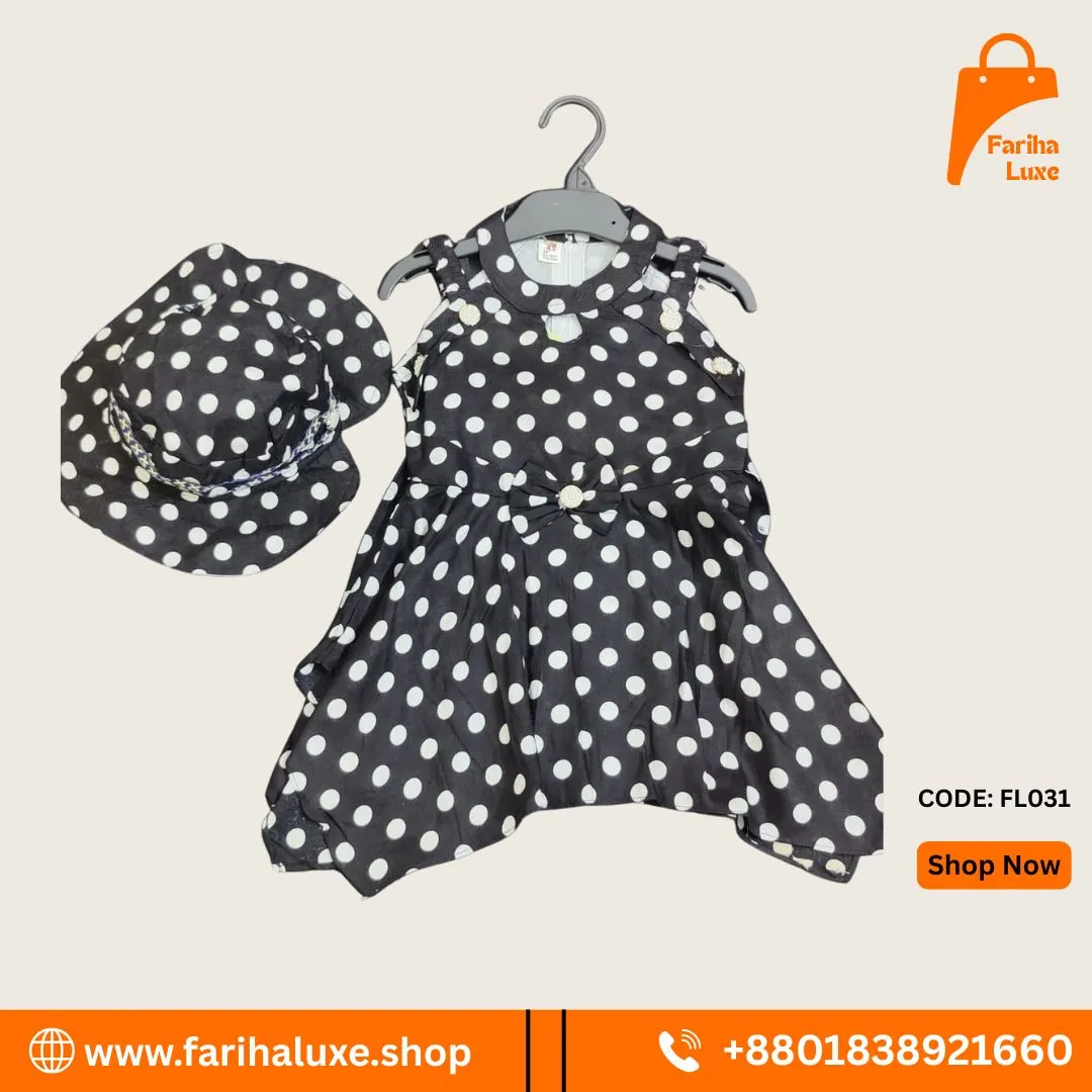 Black & White Polka Dot Baby Dress with Matching Hat (CODE- FL031)