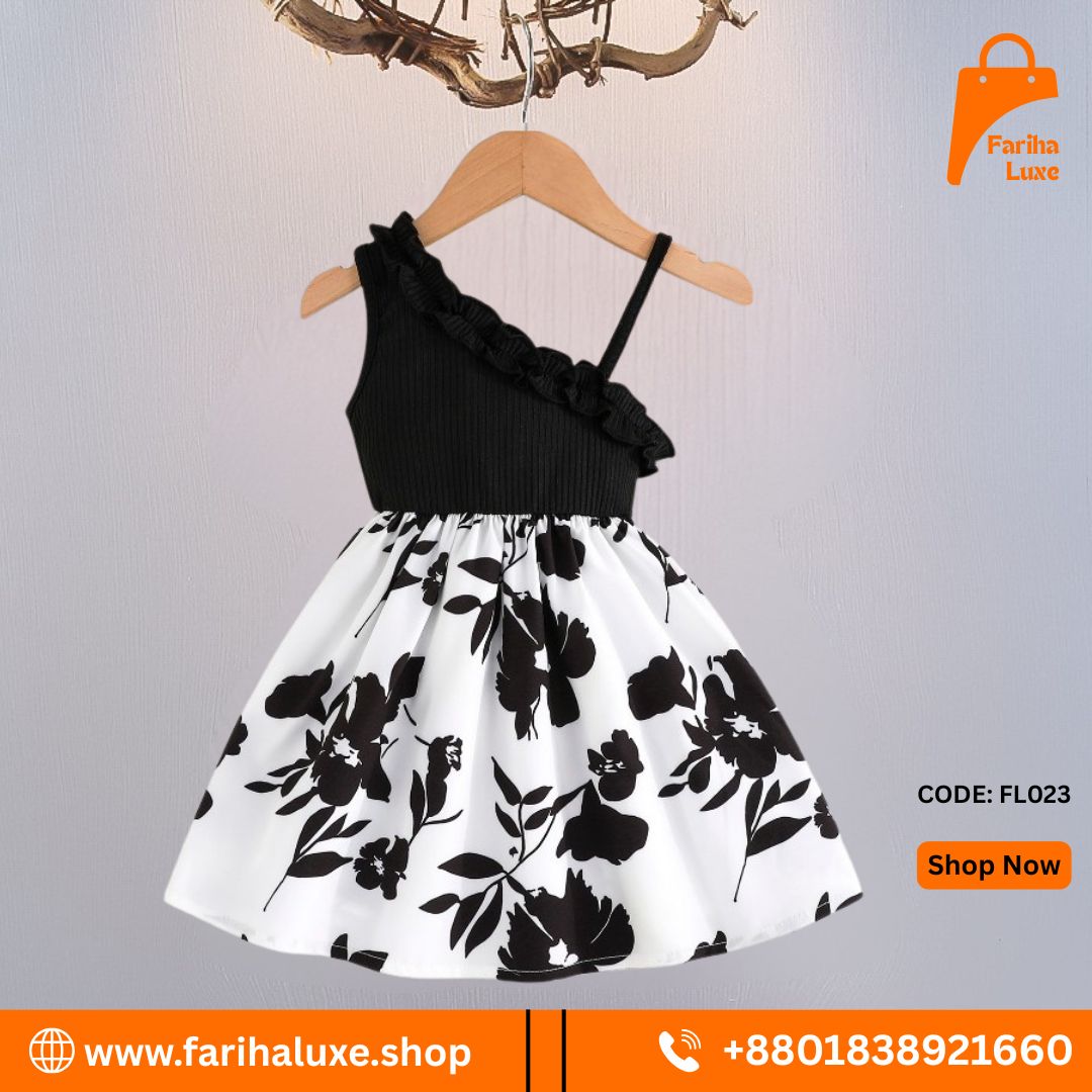 Black & White Floral One-Shoulder Baby Dress