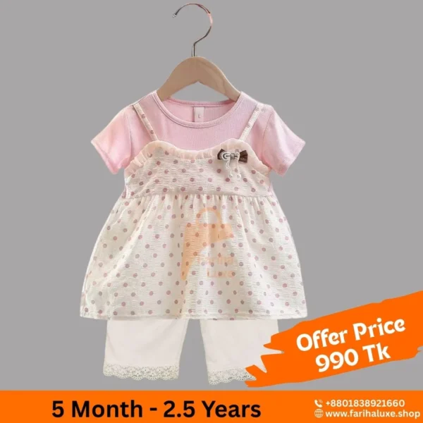 Pink & Polka Dot Baby Layered Dress With Pant (CODE- FLP020)