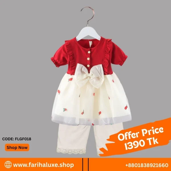 Red & White Stoberry Bow Baby China Dress With Pant