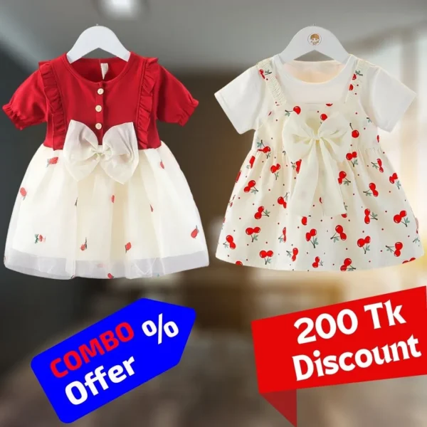 Red & White Stoberry Bow & Cream Cherry Cotton Baby Dress Combo