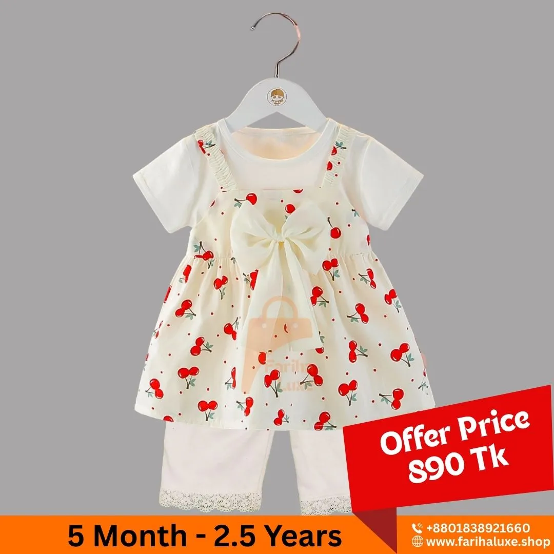 Cream Cherry Cotton Baby Dress With Pant (CODE- FLP025)