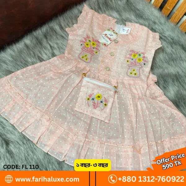 🌸 Baby Girl Polka Dot Floral Dress with Mini Bag – Soft Peach Pink with - Code: FL110 | Fariha Luxe 🌸✨