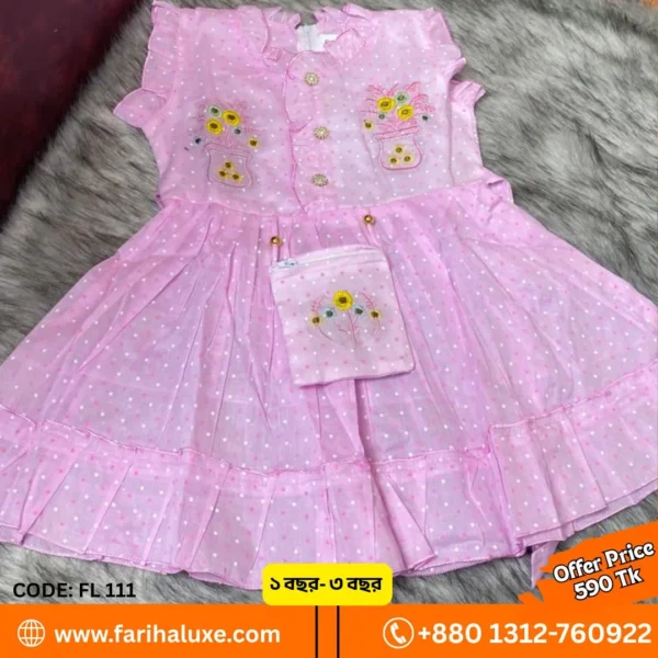 🌸 Baby Girl Polka Dot Floral Dress with Mini Bag - Soft Baby Pink– Code: FL111 | Fariha Luxe 🌸✨