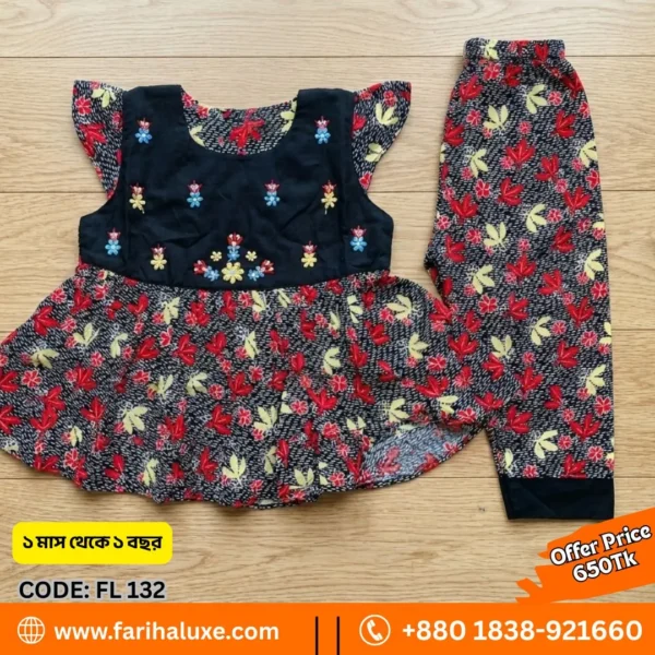 Girls Black Floral Dress Set with Matching Pant for Babies | FL132 | Fariha Luxe